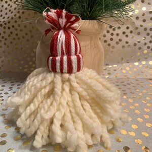 Handmade Yarn Gnome Ornament - Red and White Hat - White Beard